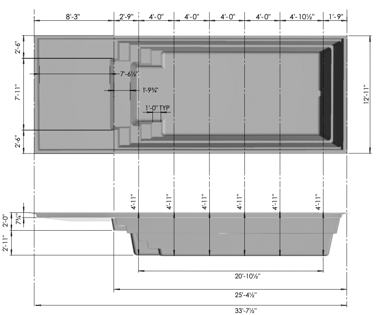 A technical drawing of a container, showing top, front, and side views. The dimensions are labeled in feet and inches, highlighting various measurements such as length, width, and depth.